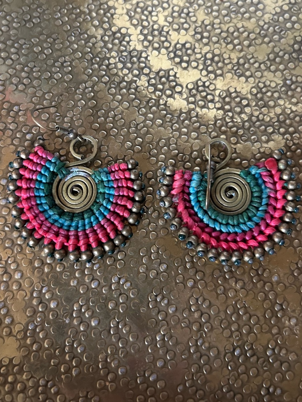 Handwoven Pink and Teal Fan Drop Earrings from Seattle art museum